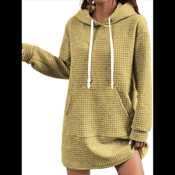 Suéter Deportivo Informal de Larga con Cordón y Cuello de Gofre para Mujer, Holgado, con Capucha y Bolsillos Amarillo XL