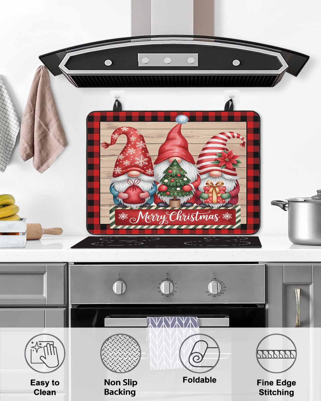 Large Induction Cooktop Protector Mat Christmas Stove Top Covers for Electric Stove, Gnomes Poinsettia Wooden Grain Red Black Plaid Decorative Stove Burner Cover Mats, Glass Top Stove Cover