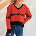 thumbnail image 1 of Ailaofu Women's Cable Knit Color Block Striped Sweater V Neck Long Sleeve Pullover Tops, 1 of 6