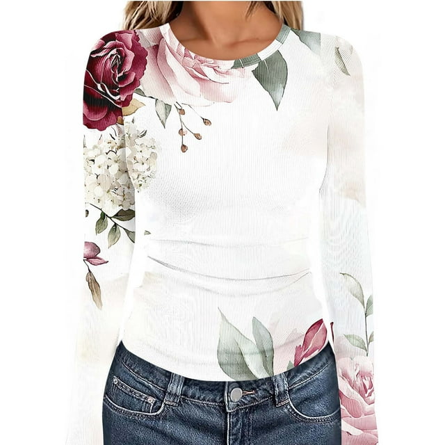 Ailaofu Womens Long Sleeve Stretch Crewneck Ribbed T-Shirt Slim Fit Casual Basic Tops
