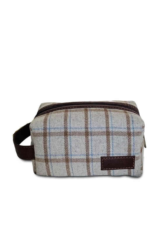 Compact Collapsable Leather & Tweed Toiletry Kit/ DOPP kit for Convenient & Easy travels (Brown)