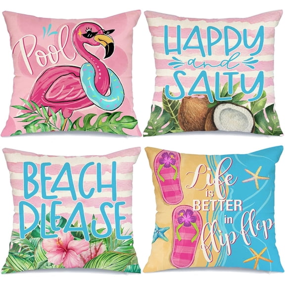 Summer Pillow Covers 18x18 Inch Set of 4 Flamingo Beach Happy and Salty Pillows Decorative Throw Pillows Summer Decorations Farmhouse Decor Cushion Case for Sofa Couch