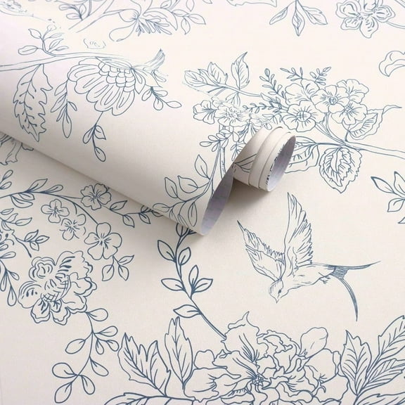 Cream White and Blue Floral Wallpaper Peel and Stick Wallpaper 17.7x393.7 Vintage Floral Peel and Stick Wall Paper Removable Boho Self Adhesive Contact Paper for Bedroom Bathroom Vinyl