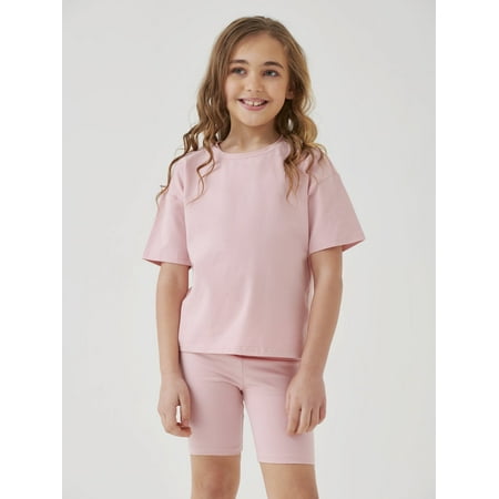 

Short Sleeve BASICS Girls Solid Drop Shoulder Tees T Shirt Biker Shorts Set S221904X Dusty Pink 8Y(50IN)
