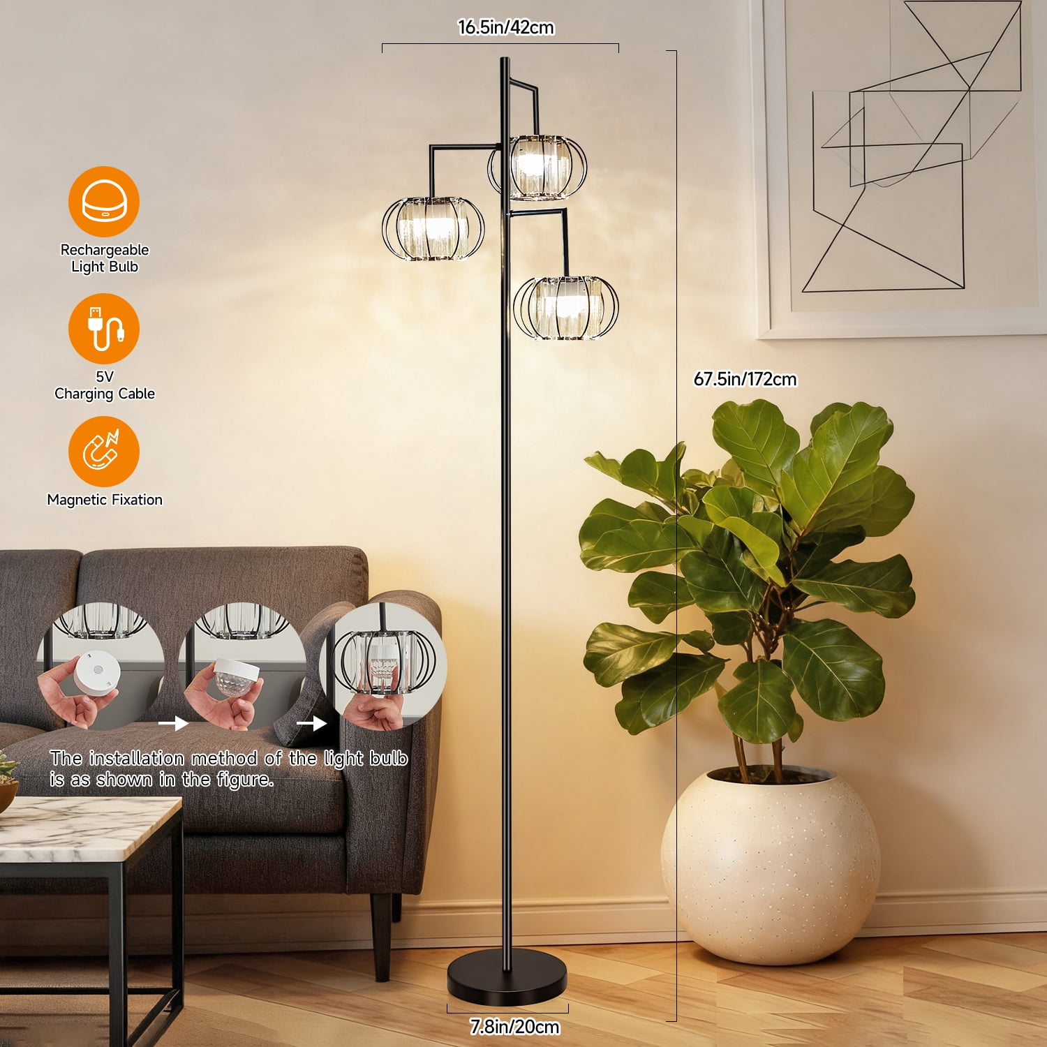 Crystal Floor Lamp with Wireless Rechargeable RGB Bulb, 15 Color Modes, Remote-Controlled Standing Light for Bedroom and Living Room