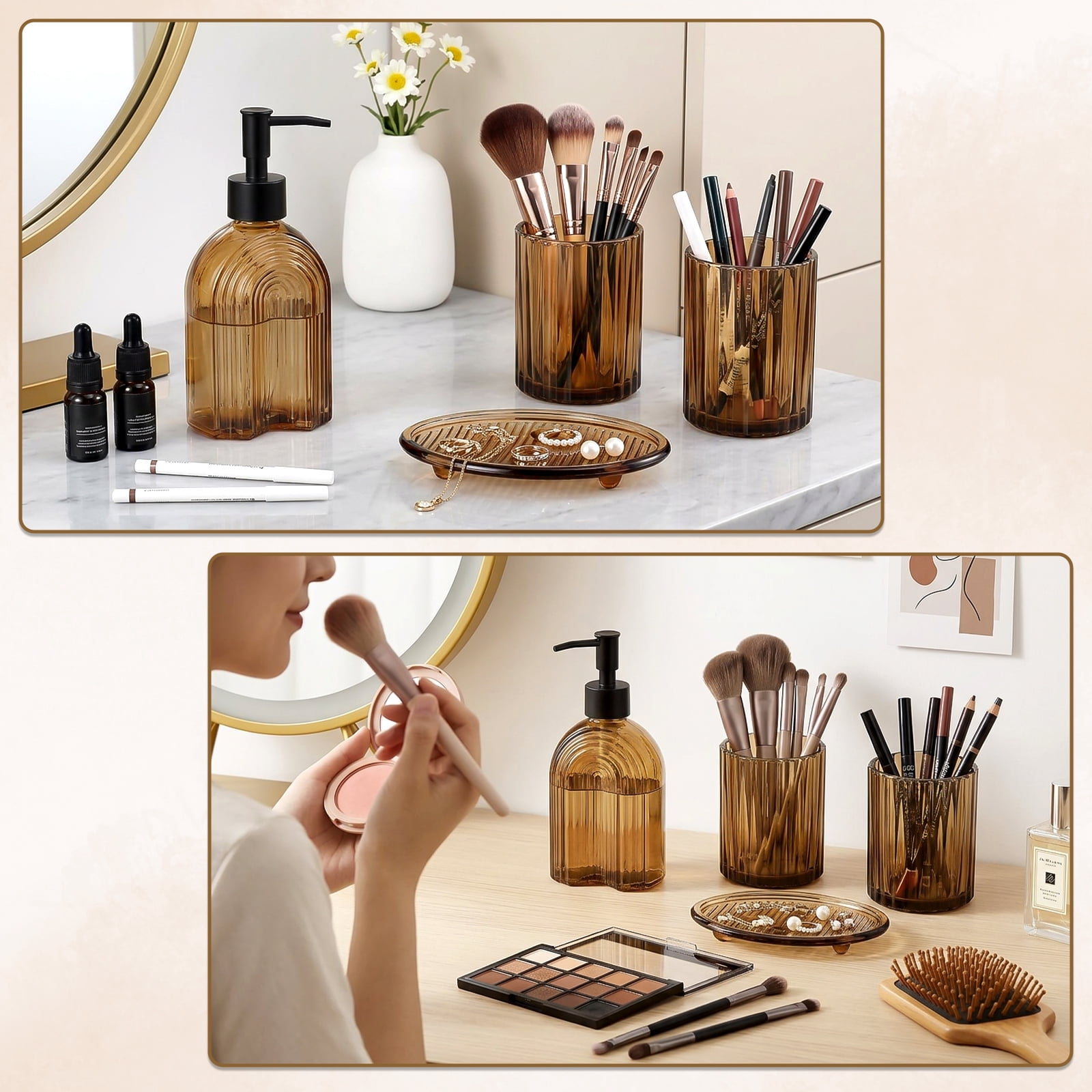 Bathroom Accessories Set, 4Pcs Bathroom Glass Soap Dispenser Set ,with Soap Dispenser , Soap Dish, Tumbler,Brown