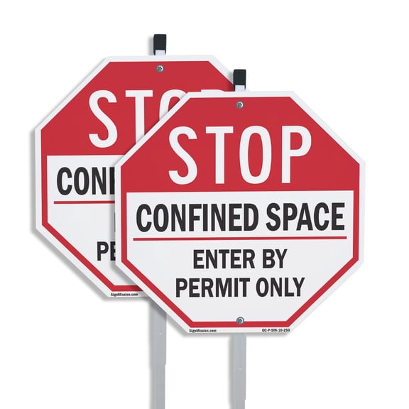 Stop Confined Space Enter by Permit Only (2 Pack) 10 inch X 10 inch Octagon Plastic Signs with Aluminum Mounting Stakes Weather Resistant UV Protected for Workplace Private Property