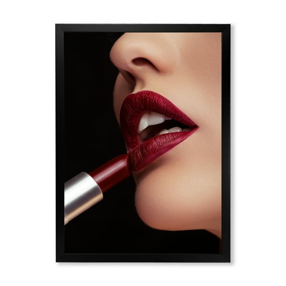Designart 'Woman Applying Red Lipstick On Lips I' Modern Framed Art Print