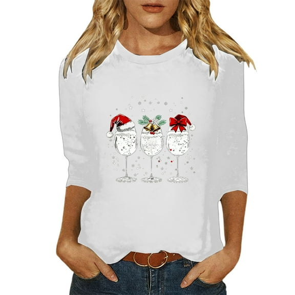 Fiaer Christmas T Shirts for Women V Neck Crew Neck Shine Glass Holiday Tee 3/4 Sleeve Fall Loose Fit Plus Size Fashion Casual Xmas Tops White XL