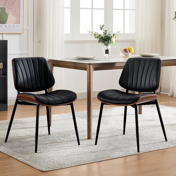 Dining Chairs Set of 2, Mid-Century Modern Upholstered Retro PU Leather Kitchen Chairs with Walnut Bentwood Back and Metal Legs Adjustable Feet for Kitchen Dining Room, Black Shell Strips