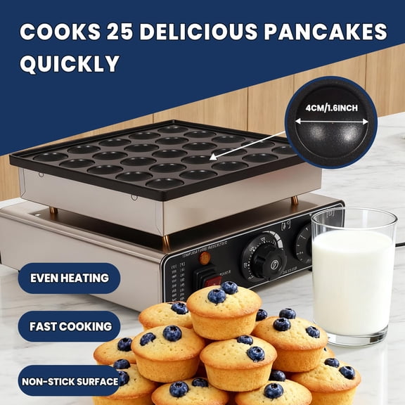 900W Mini Pancake Maker for Kids Breakfast, Stainless Steel Pancake Maker with 2 Brushes, Whisk & Food Clip