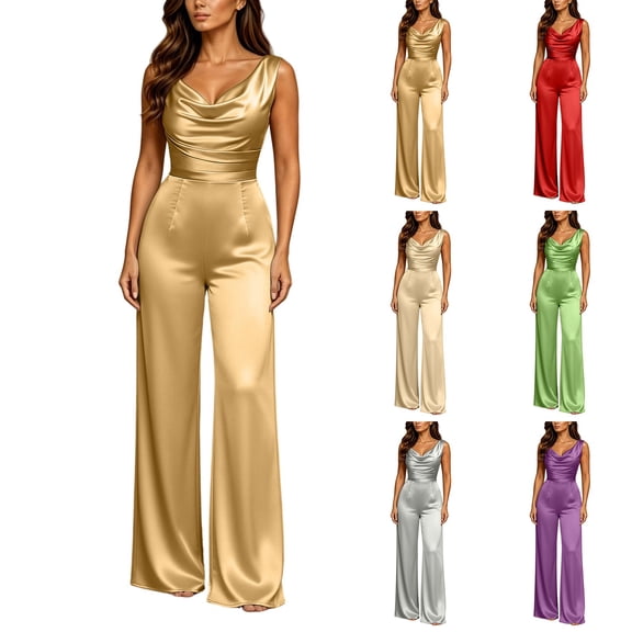 Purcolt Womens Satin One Piece Jumpsuit Eleagnt Casual Ruched Cowl Neck Sleeveless Belted Wide Leg Jumpsuits Pants Dressy Comfort Party Evening Formal Wear