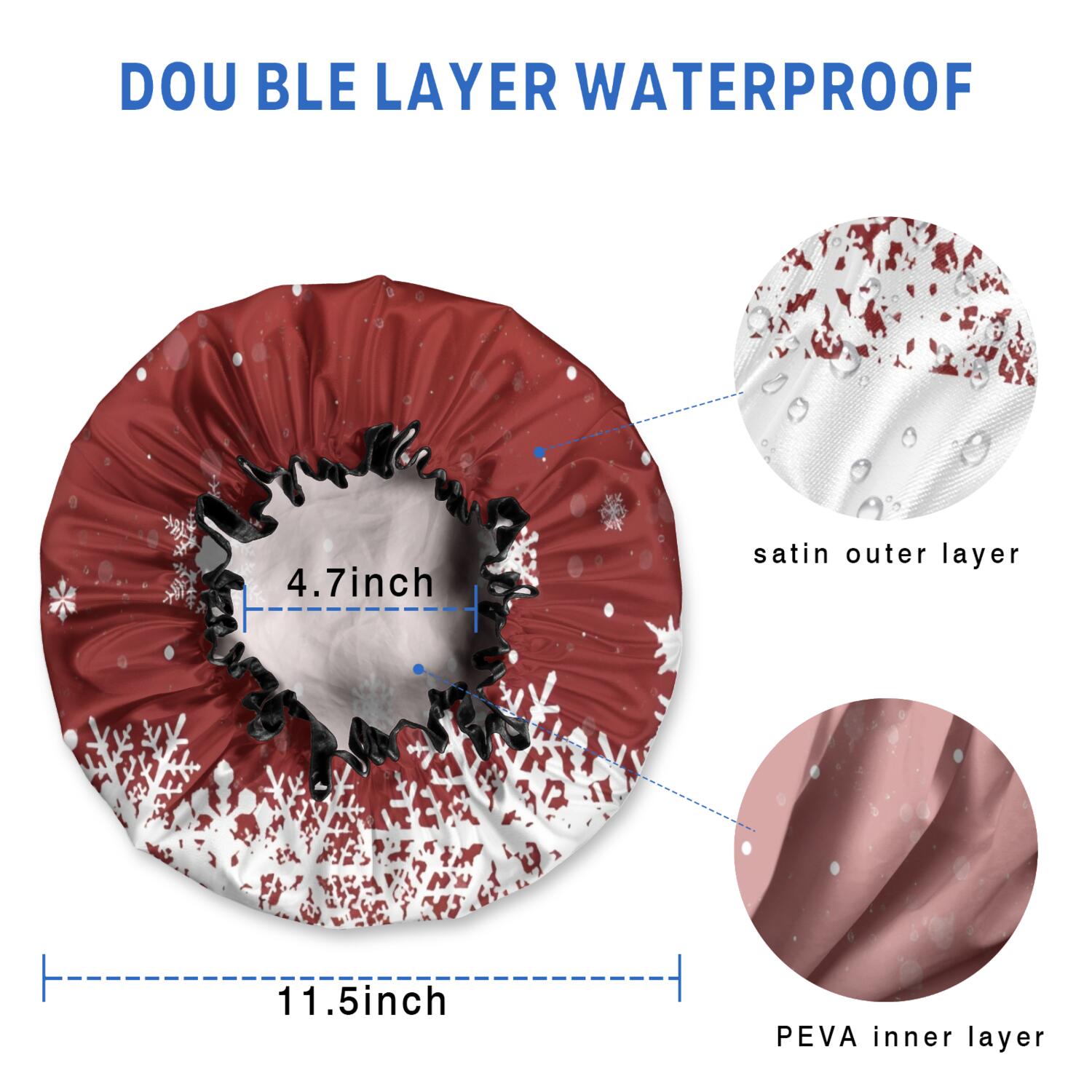 Shower Caps,Red Christmas Snowflake Pattern Waterproof Shower Cap for Women 4 Pieces,Double Reusable Hair Cover for Shower PEVA Elastic Stretch Hem