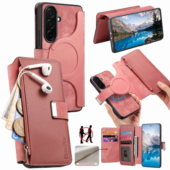 For Samsung Galaxy A36 5G Wallet [Support Magsafe Charger] Flip Magnetic Detachable 2 in 1 Flip PU Leather Phone Case with Card Slots [RFID Blocking], Zipper Bag, Kick-Stand Cover,Pink