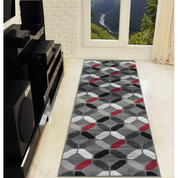 Geometric Design Modern Contemporary Livingroom Lava Red Grey Silver Black Dimond Pattern Area Rug