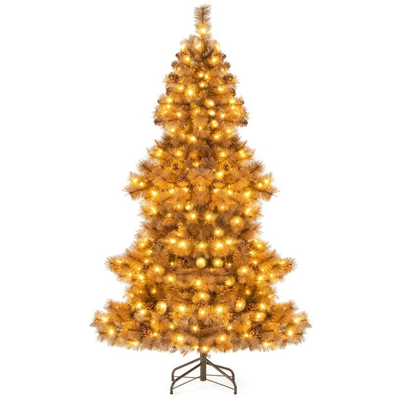 Costway 6 FT Artificial Christmas Tree with 200 LED Lights, 493 Branch Tips, 52 Pine Cones