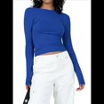 thumbnail image 3 of Camiseta de Larga con Cuello Redondo y Espalda Abierta para Mujer, Estilo Y2K, Estilo Retro Informal de Color Liso Azul Real L, 3 of 10