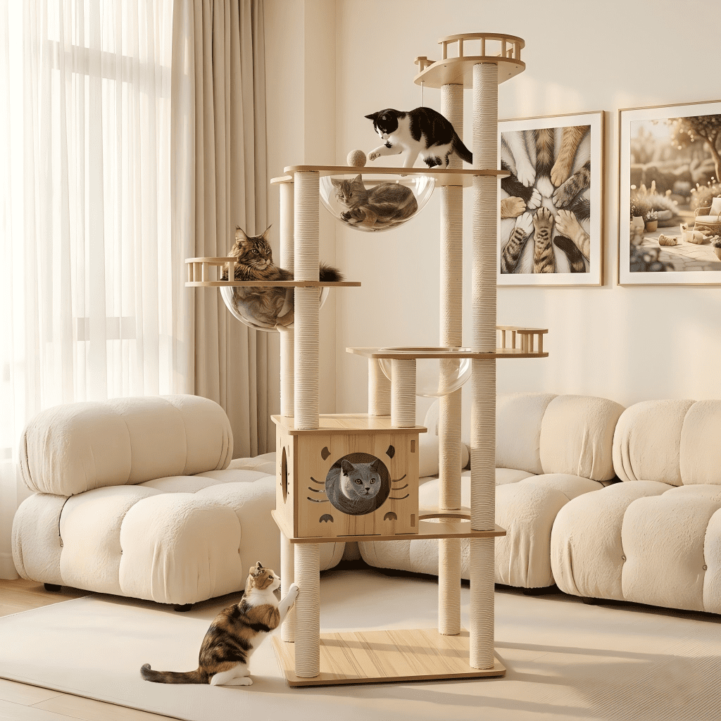Mekidulu 73in Modern Wood Cat Tree Tower with 3 Space Capsules, 7-Level Indoor Condo, Natural