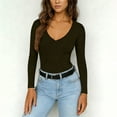 thumbnail image 4 of JGGSPWM Womens Casual V Neck Long Sleeve Shirts Going Out Double Lined Crop Tops Solid Color Slim Fitted Basic Tee Green M, 4 of 9