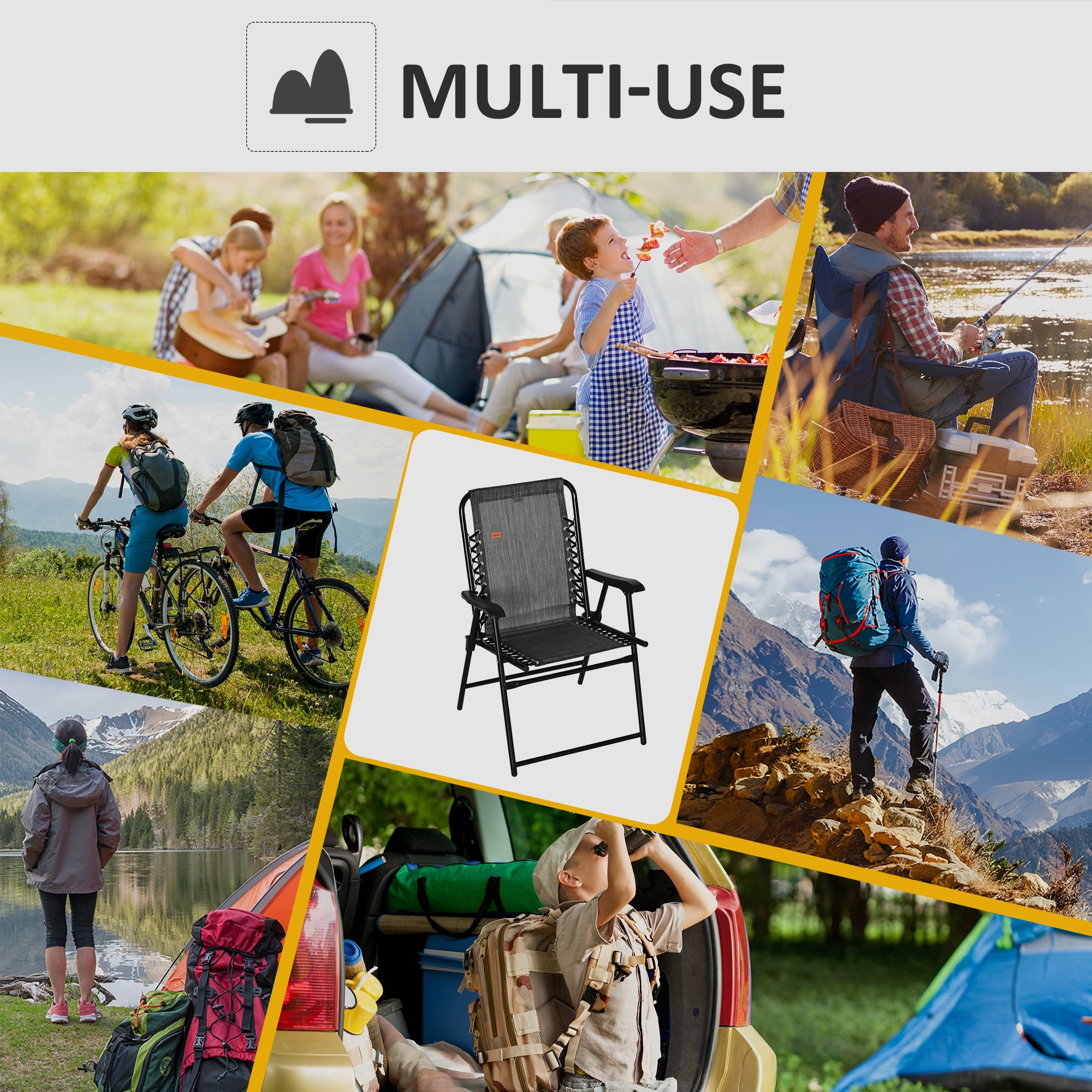 Patio Folding Bungee Sling Chair with Armrests, Portable Outdoor Lawn Chair for Camping Garden Pool Beach Backyard, Gray