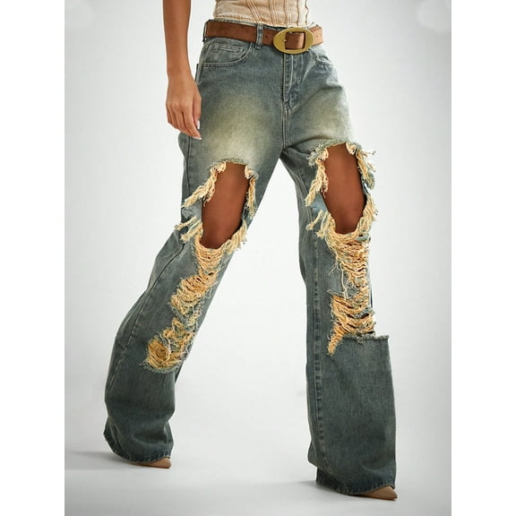 Women's Mid Rise Wide Leg Jeans Extreme Distressed Vintage Washed Denim Pants Y2K Retro Streetwear