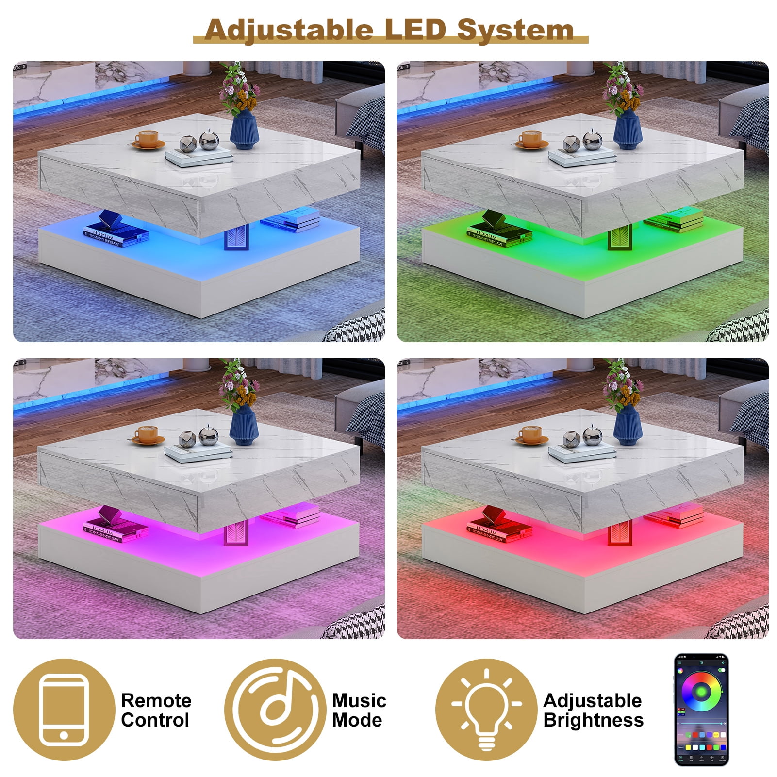 ChVans 34" LED Square Coffee Table with 2 Drawers, 2-Tier White High Glossy Coffee Table with Led lights & Storage Drawer, Modern Living Room Tables