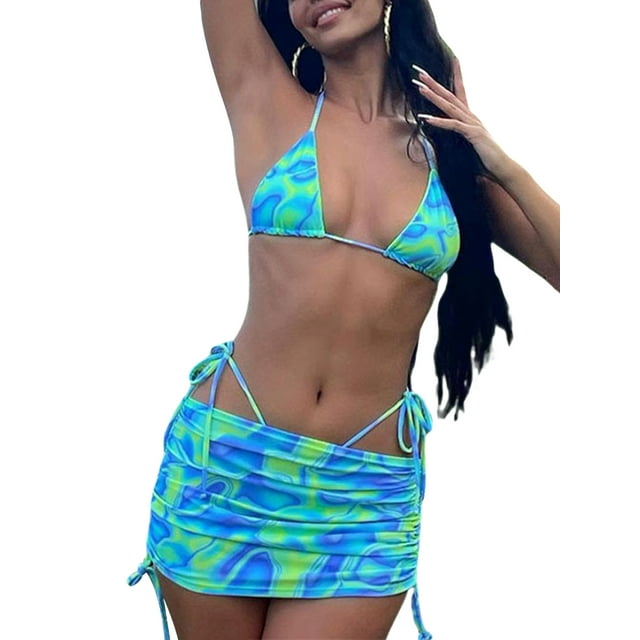 Inevnen Women's 3 Piece Tie Dye Bikini Set Swimsuit with Sarongs Cover