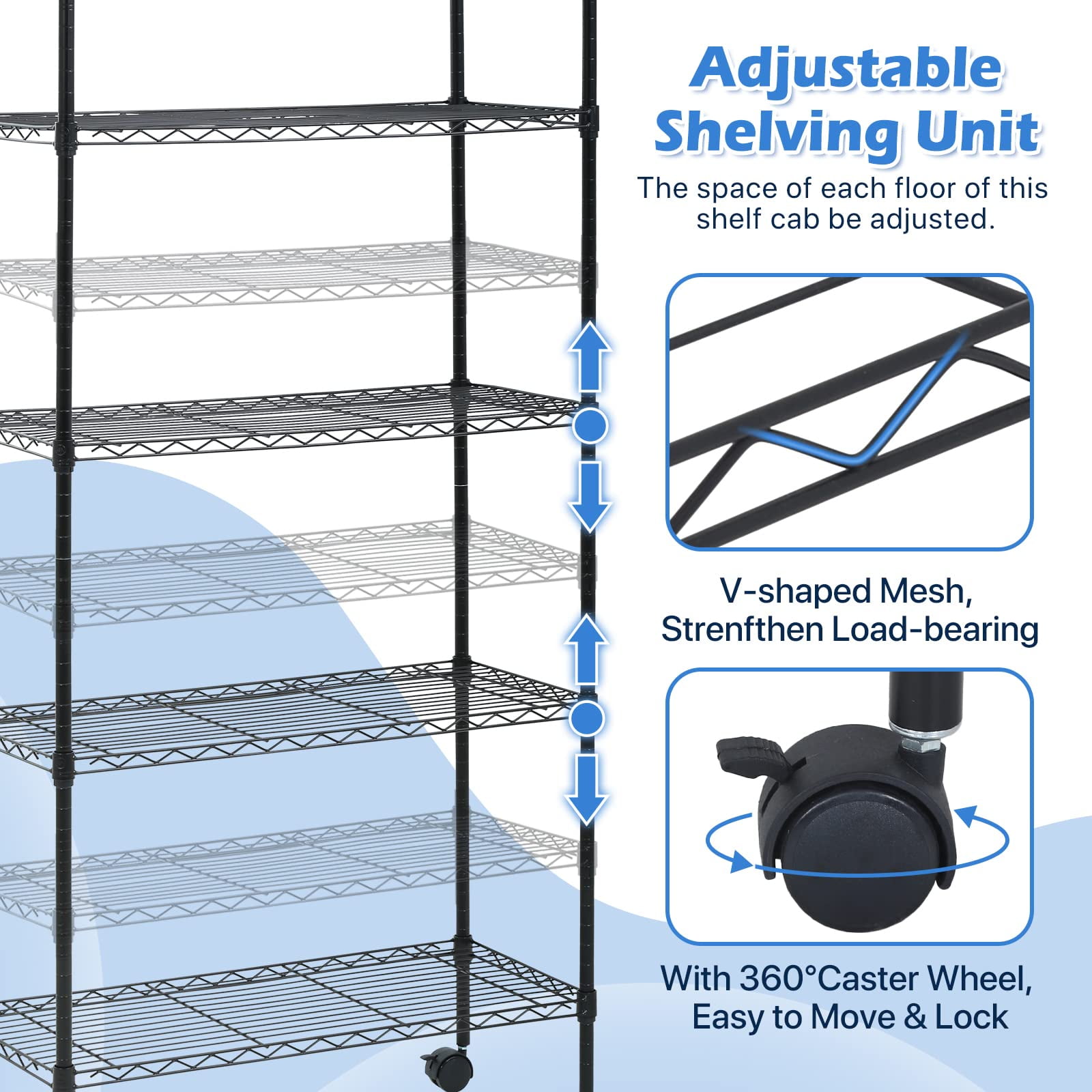 NiamVelo Storage Shelves 5-Tier Wire Shelving Unit with Wheels ,  Adjustable  Metal Shelves Heavy Duty NSF Garage Shelves  750 lbs Capacity (Black)
