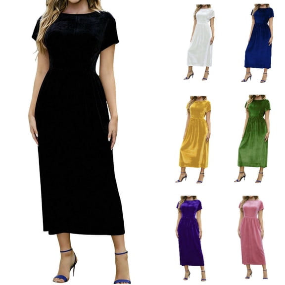 Vetsdori Juniors Short Sleeve Midi Dresses Black Summer Sundress Party Casual,Tunic Solid Color Beach Velvet Dress for Women Crew Neck