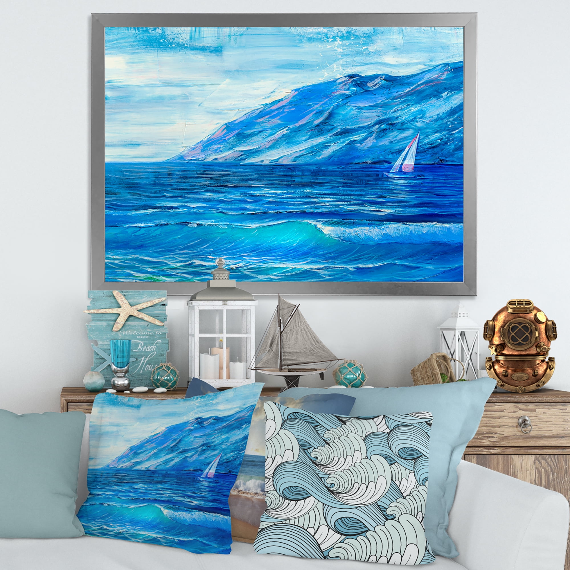 Designart 'Sunrise Glow On The Sea Waves II' Nautical & Coastal Framed Art Print