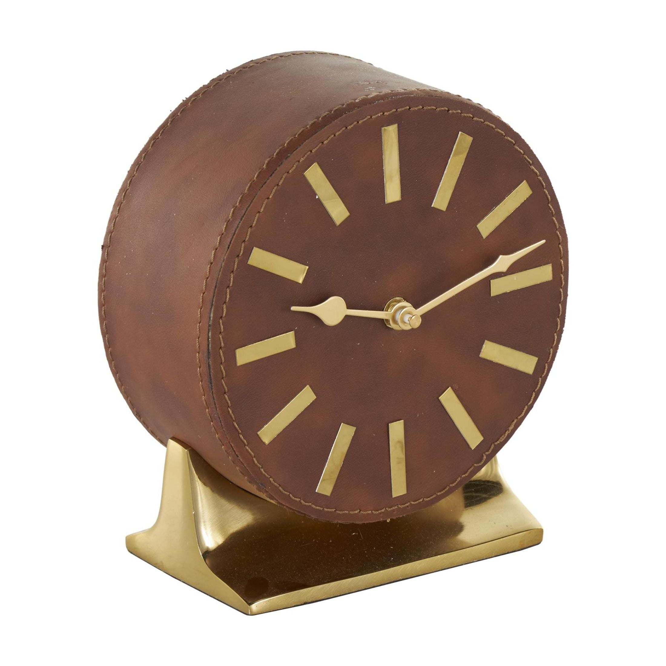 DecMode 7" Brown Faux Leather Round Clock with Gold Rectangular Base