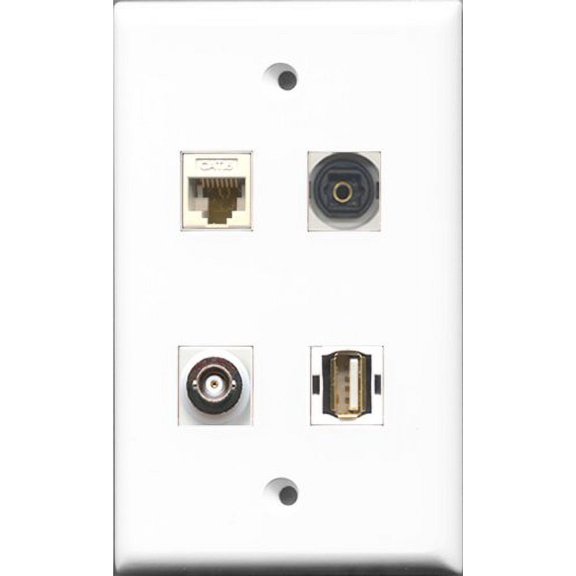 RiteAV 1 Port USB A-A and 1 Port Toslink and 1 Port BNC and 1 Port Cat6 Ethernet White Wall Plate