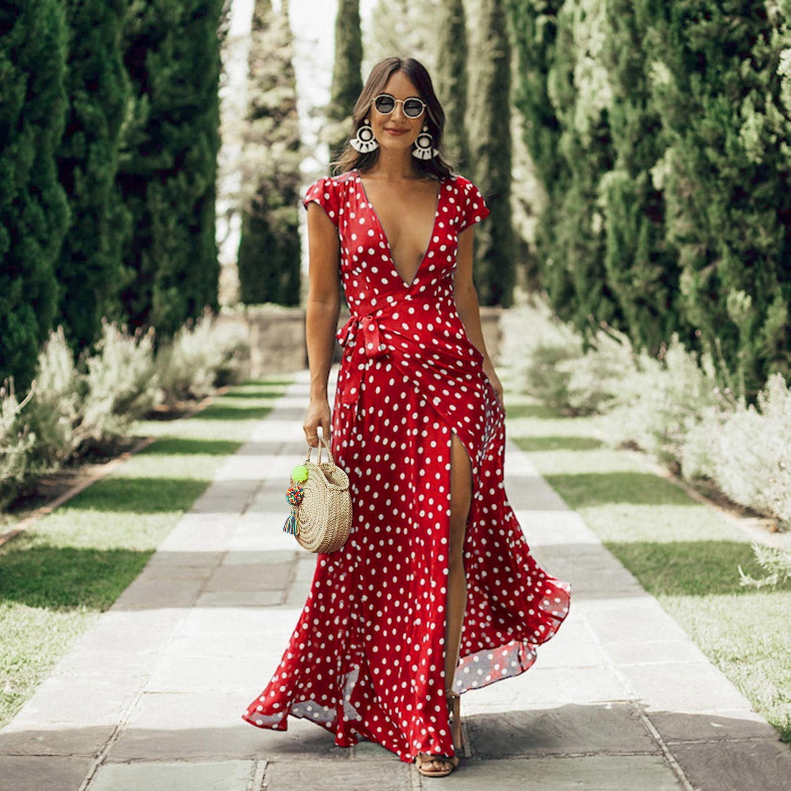 Shpwfbe Dresses For Women 2023 Maxi Dress Women'S V Neck Wrap Vintage Polka  Dot Short Sleeve Split Beach Maxi Long Dress Boho Dress For Women -  Walmart.com