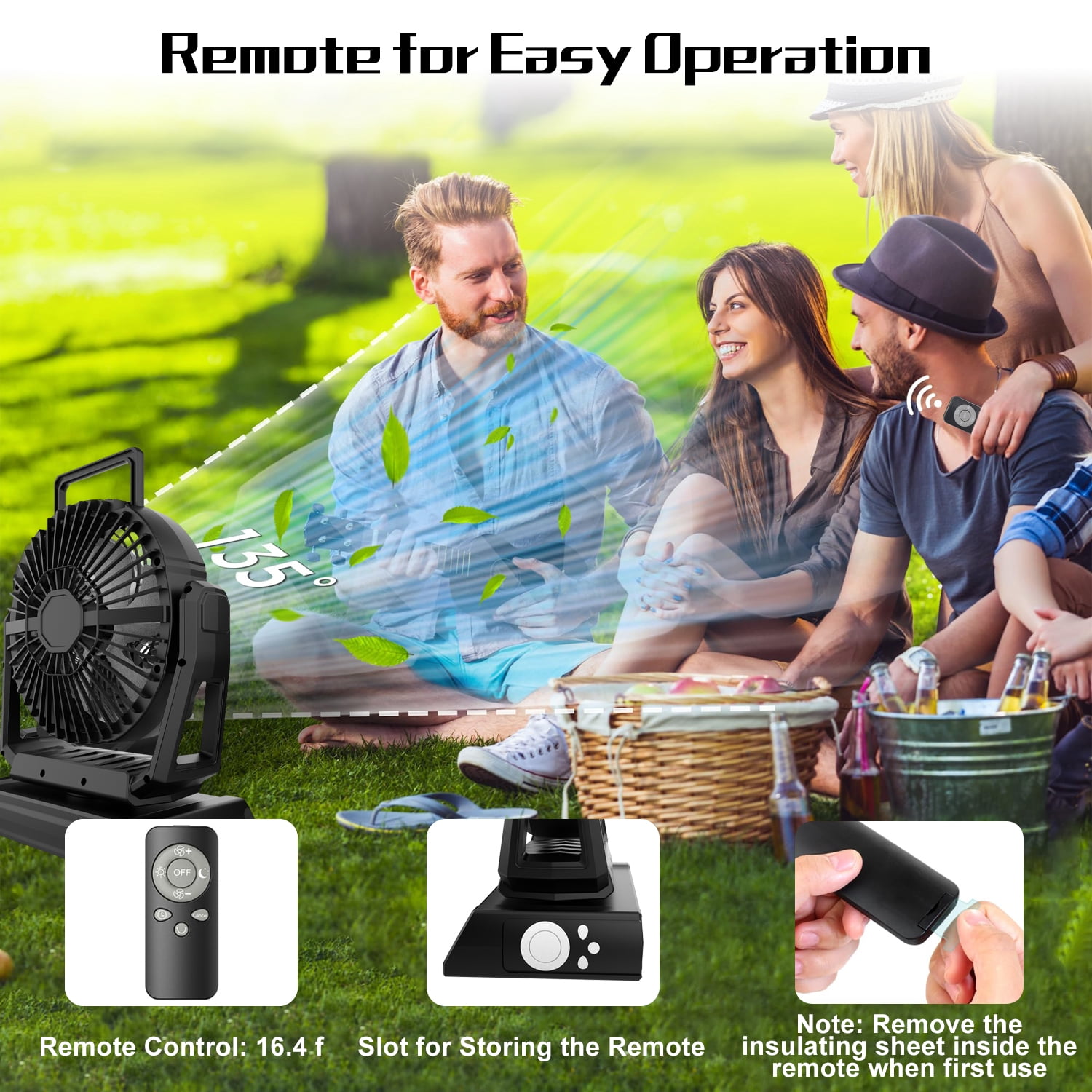 KANCOKIT Portable Fan with Light, 20000mAh 9 Speeds Rechargeable Battery Fan with Remote Digital Display, Timer, Auto Oscillation, Tent Fan for Car Travel RV Camp Patio