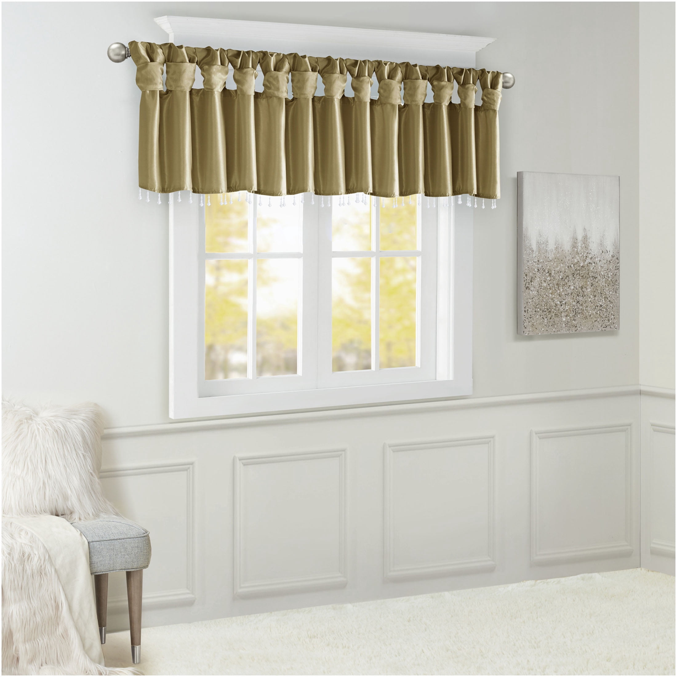JERFIT Bronze Faux Silk Window Valance with Beaded Trim, 50x26 Inch Lightweight Valance Curtain for Living Room Bedroom