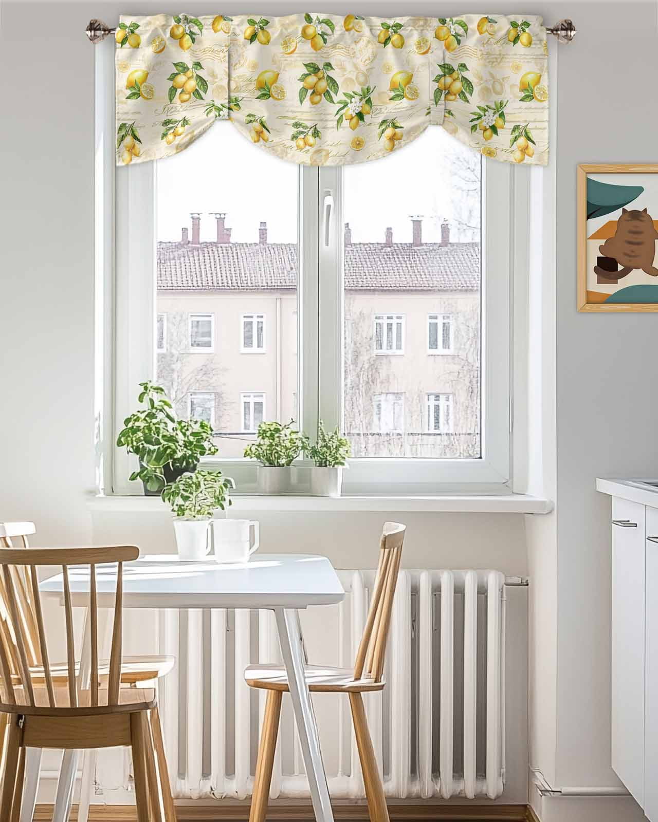 Vintage Lemon Tie Up Valances Curtain, Adjustable Kitchen Leaf Yellow Fruit Letter Background Farmhouse Valances for Windows Decor, Rod Pocket Short Curtains Set for Bedroom/Bathroom, 54"x18"