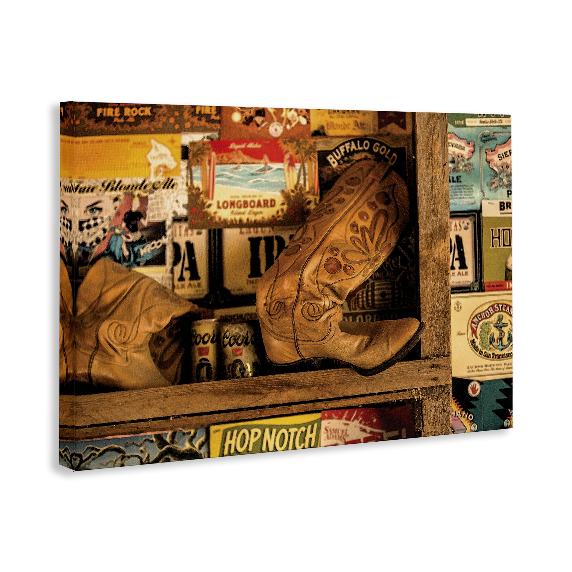 Stupell Industries Western Boots on Shelf Beauty & Fashion Painting Gallery Wrapped Canvas Art Print Wall Art, 45 x 30