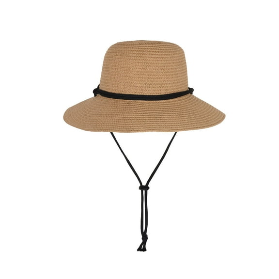 Wide Brim Straw Sun Hat with Chin Strap and Black Cord Detail for Outdoor Protection and Stylish Shade - Khaki