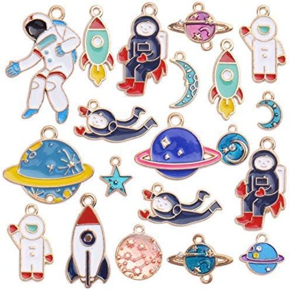 Space Themed Charms,20pcs Assorted Gold Plated Enamel Planet Astronaut Charm Pendant for Jewelry DIY Craft
