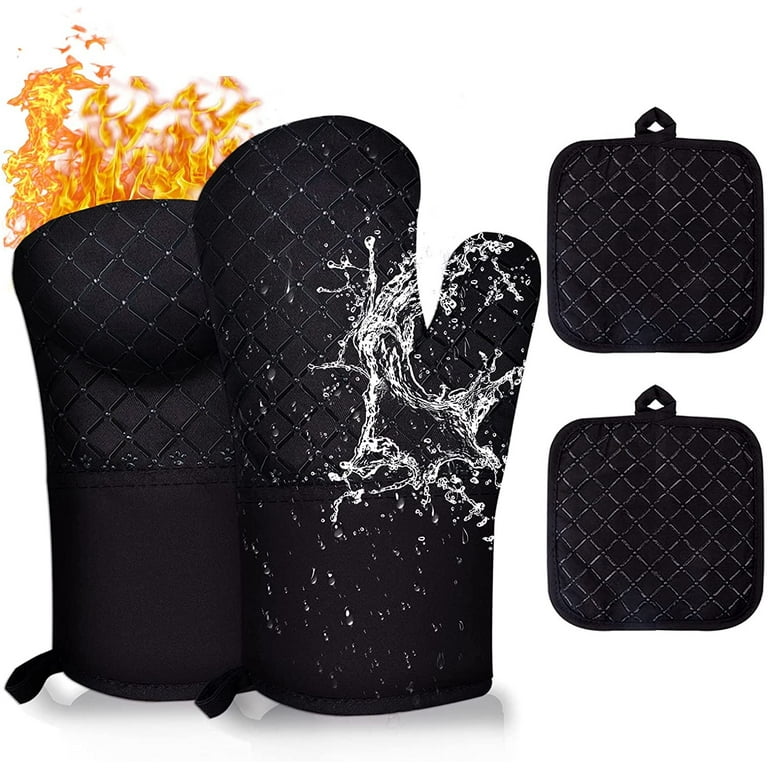 Black Oven Mitts And Pot Holders Set Of 4, High Heat Resistant (up