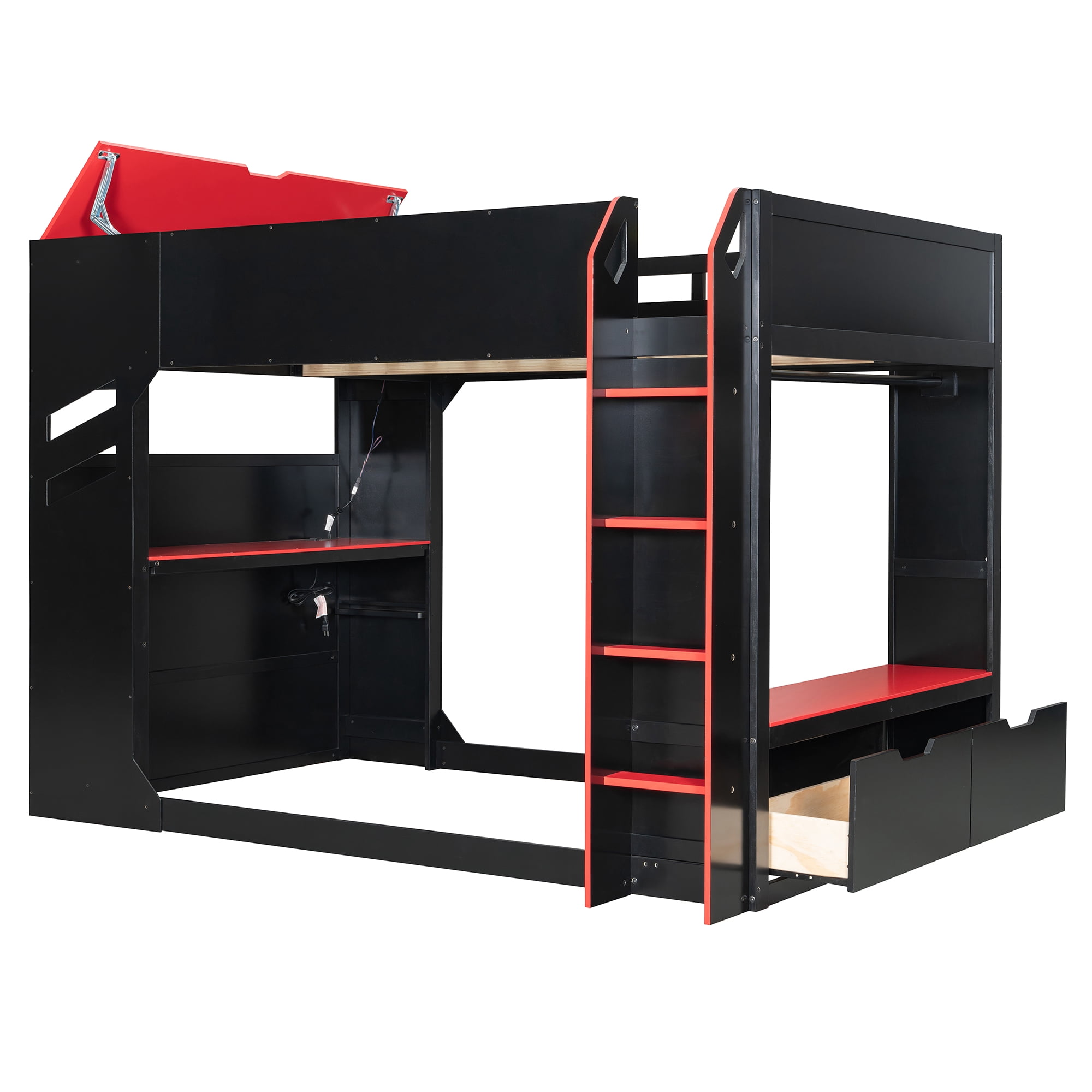 Mintazer Full Gaming Loft Bed with Height Adjustable Desk, Drawers, Storage Compartments, Hanging Rod and RGB Lights for Boys Girls, Black & Red