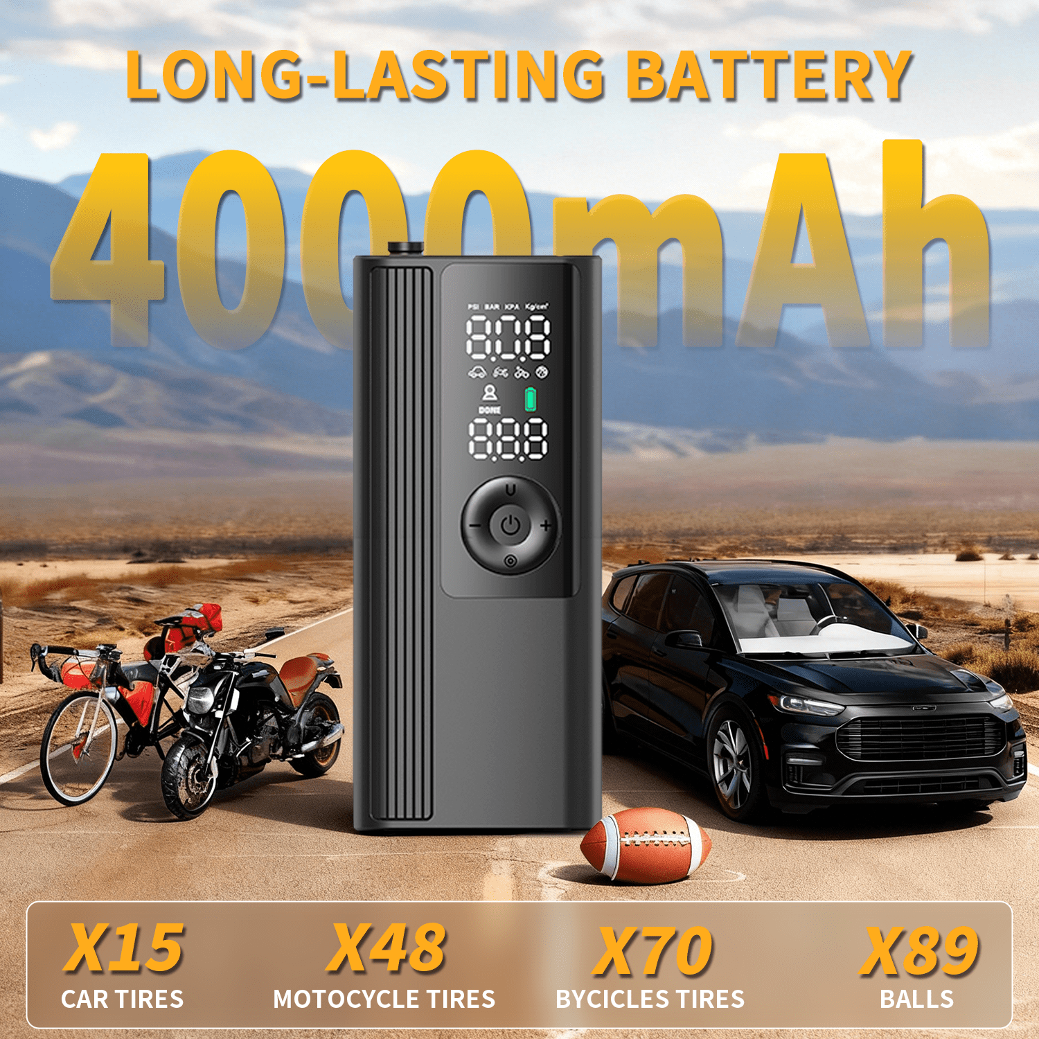 HKHKPI Cordless Tire Inflator Portable Air Compressor, Tire Pump for Car Tires with Digital Pressure Gauge, Automatic Shutoff, LED Light, 150 Psi Cordless Pump for Car, Bike, Motorcycle,Ball
