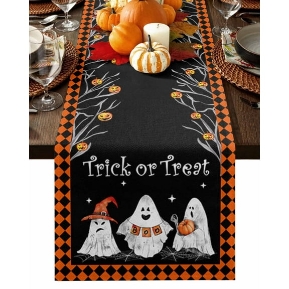 Table Runner 108 Inches Long, Halloween Trick Or Treat Ghost Pumpkin Orange Plaid Cotton Linen Table Runners Non-Slip Durable Dresser Scarves for Table Party Dinner Holiday Home Decor, 1 Pack