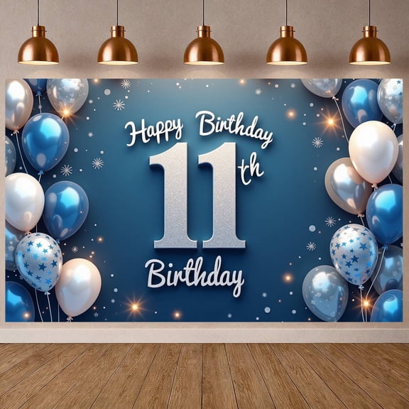 Blue Tone Happy 11th Birthday Banner Glittery Number Birthday Backdrop Sparkle Effect Star Pattern Party Display for Kids' Birthday Party Indoor Celebration Birthday Photo Shoot