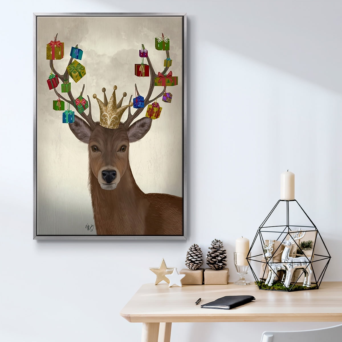 Christmas Gift Bearing Deer - Framed Gallery Wrapped Holiday Canvas - 27 x 41 - Silver Frame
