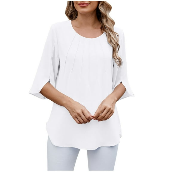 Jalioing Women's Chiffon Shirts Half Sleeve Crew Neck Summer Fashion Blouses Casual Trendy Plain Tops