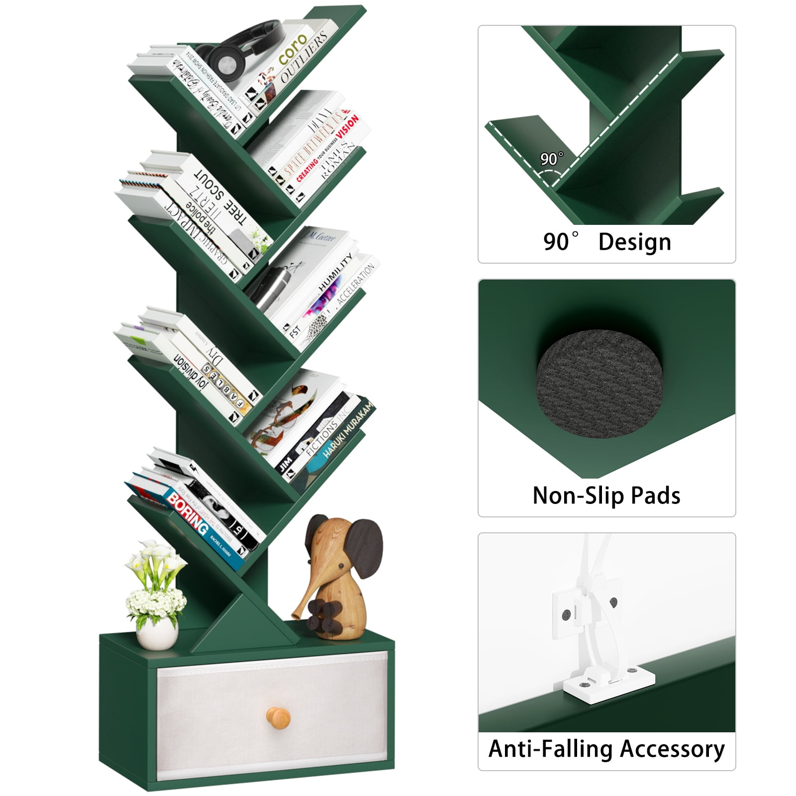 LELELINKY Floor Bookshelves,Tree Bookcase, 8-Tier Floor Standing Bookshelf for Living Room, Dark Green