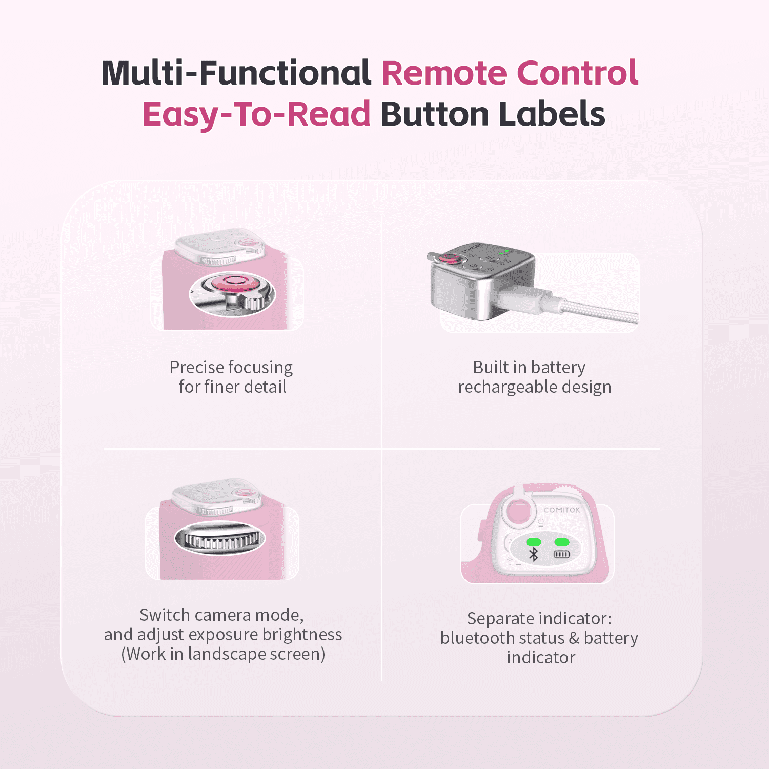 COMITOK MOCA Ergonomic Selfie Stick Detachable Remote Control Magnetic Selfie Stick for iPhone 17 Perfect for Vlogging TikTok-1/4" Screw Mount Fuchsia