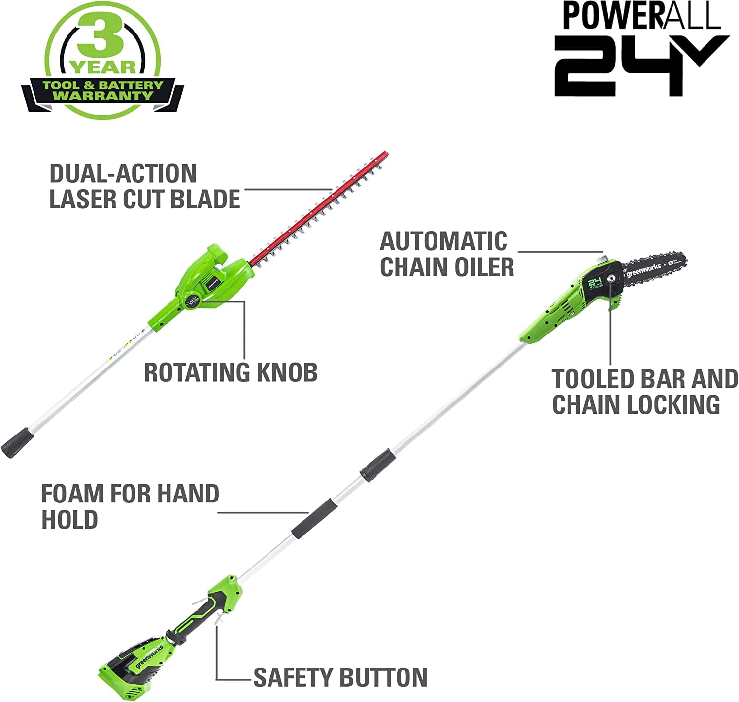 Greenworks 24V 8” Polesaw / Pole Hedge Trimmer Combo, 2.0Ah Battery and Charger