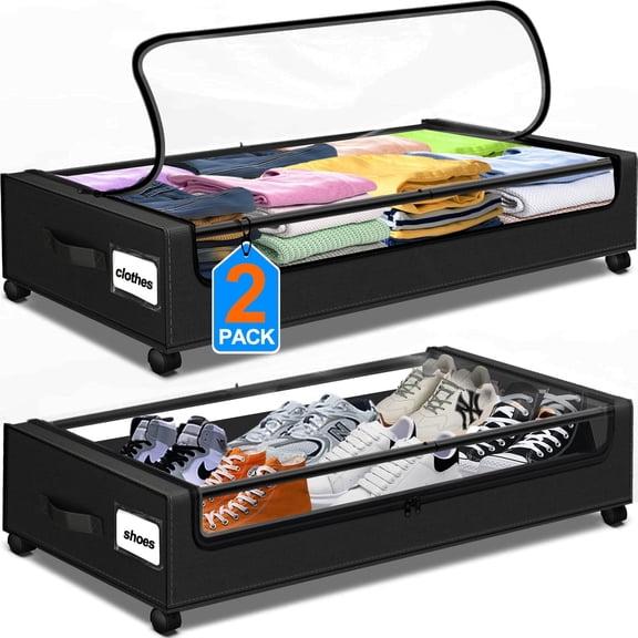 Under Bed Storage with Wheels, 2 Pack Under Bed Storage Containers with Clear Lids & Dividers, Underbed Storage Organizer & Underbed Storage with Wheels for Clothes, Blankets, Shoes